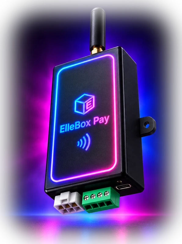 ElleBox Pay, montato in verticale: antenna in alto, connettori in basso