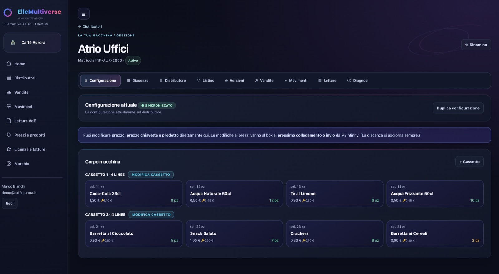 ElleODM: configurazione del distributore da remoto, con prodotti, prezzi e giacenze