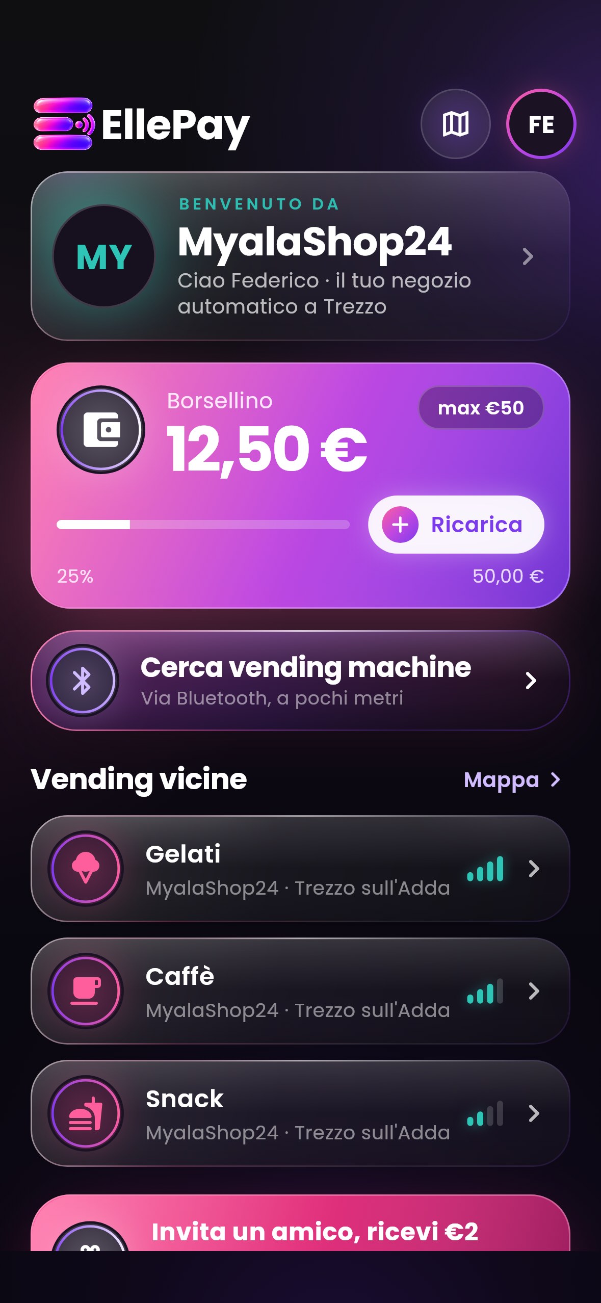 EllePay: la home con l'insegna del gestore, il borsellino e i distributori vicini