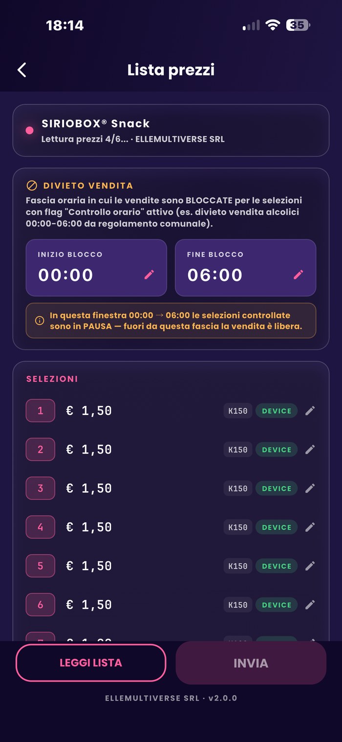 App MyInfinity 2.0 — lista prezzi