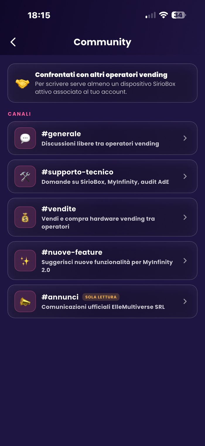 App MyInfinity 2.0 — community operatori vending